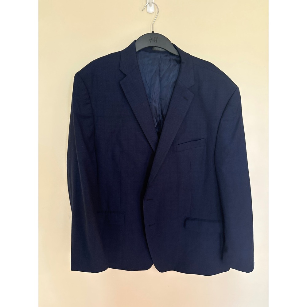 Calvin Klein Mens Navy Blue 100% Wool Plaid Blazer Sport Coat Size 50R
